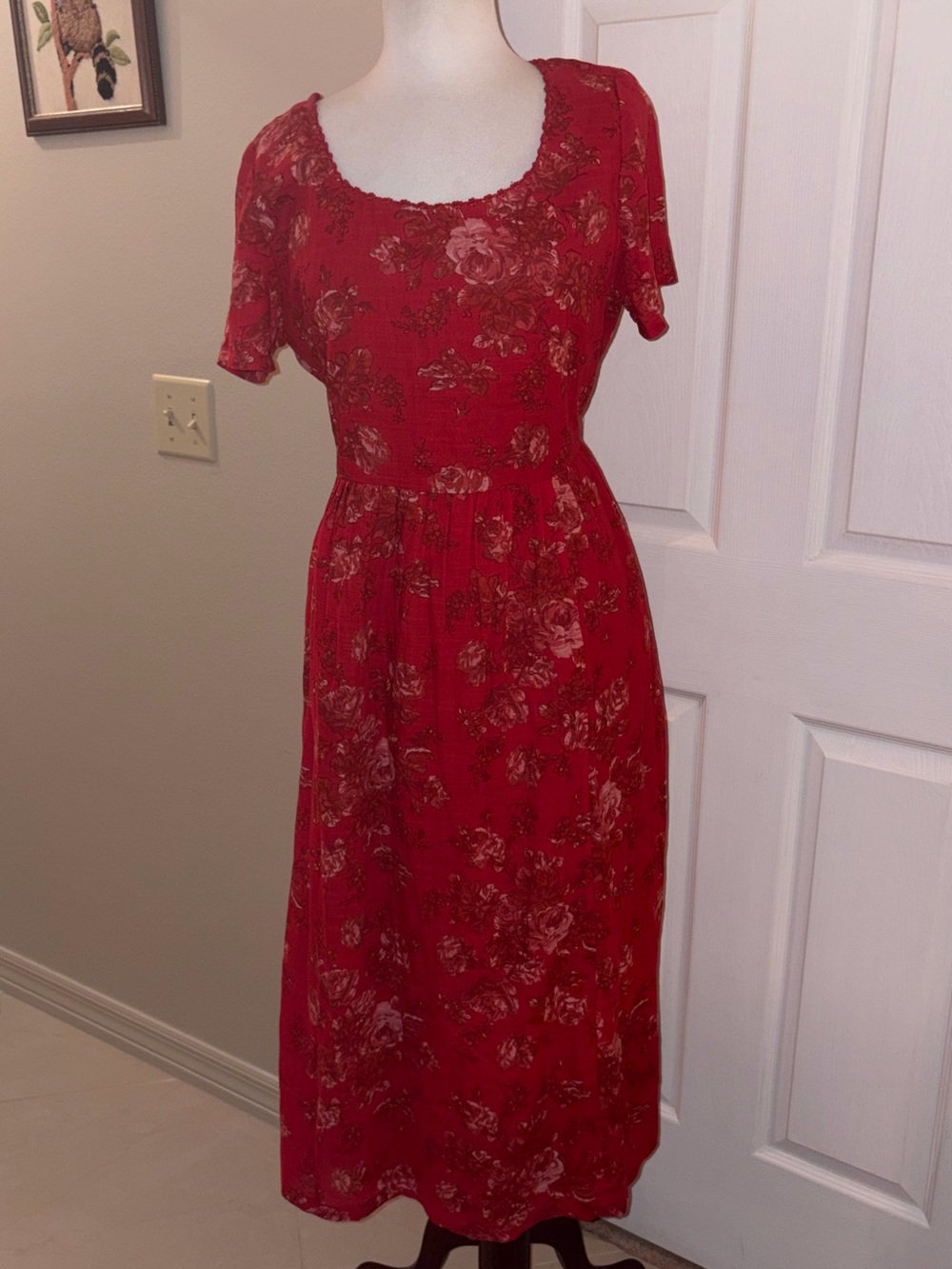 Vtg April Cornell Dress red Floral Midi Cottage Garden Boho Pockets